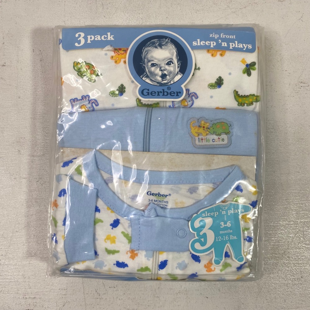 Gerber Baby Boy 3 Pack Zip Front Sleep n Plays Blue Dinosaur 3-6 Months NWT